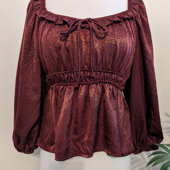 Blu Pepper | Tops | Blu Pepper Wine Metallic Gold Long Sleeve Ruffle ...